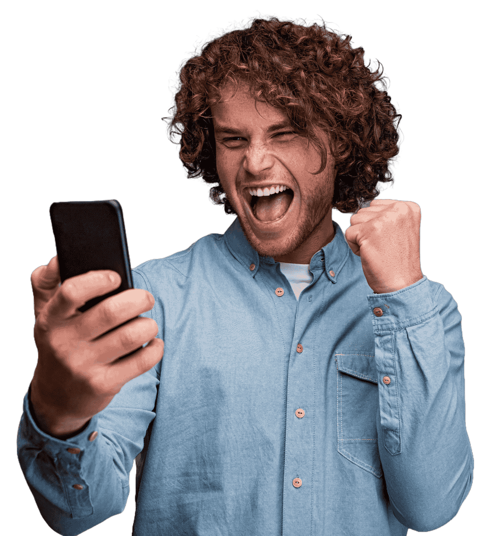 Excited customer looking at a phone